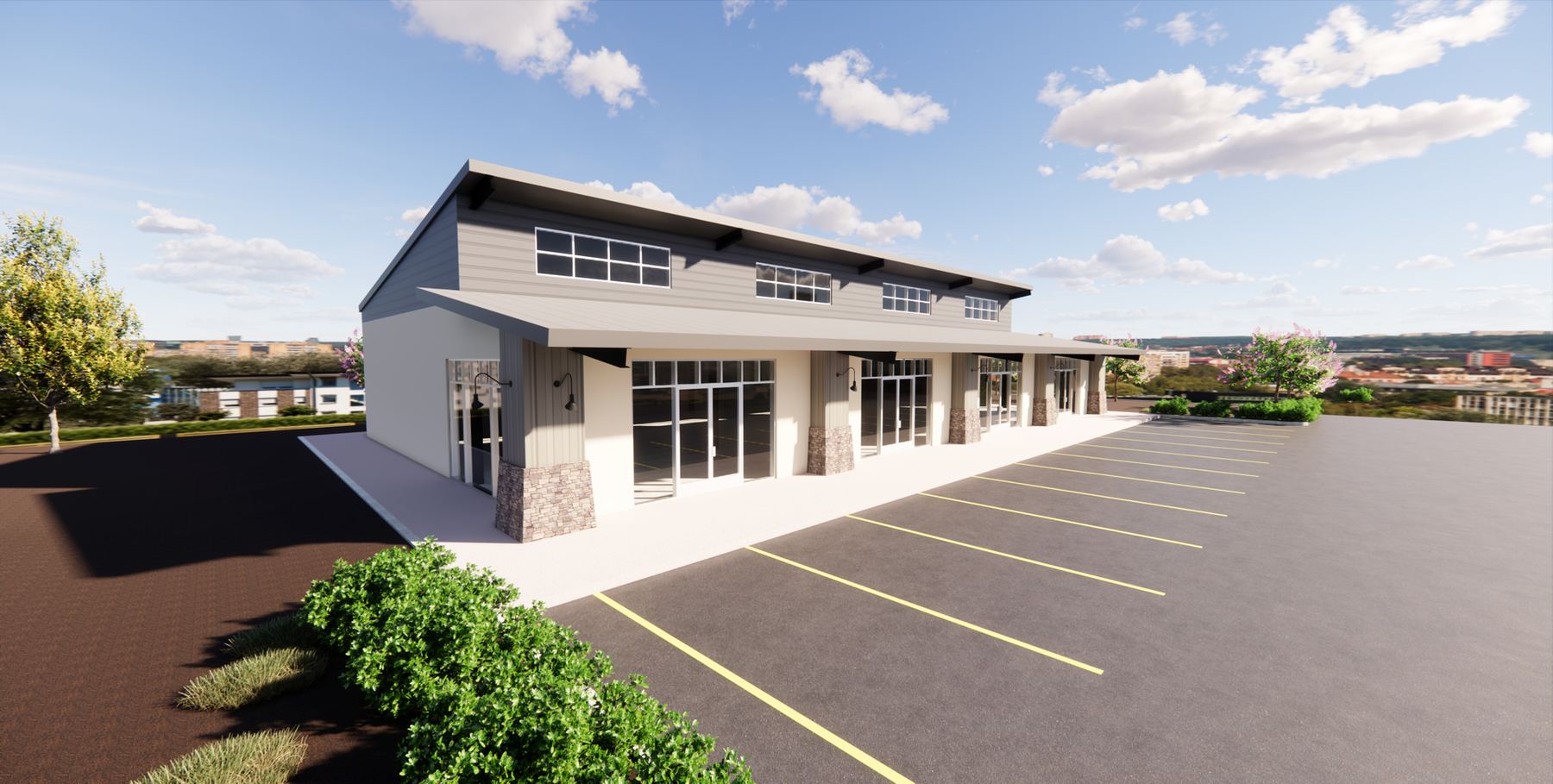 Architectural rendering of an upcoming single-story mixed-use medical retail strip center